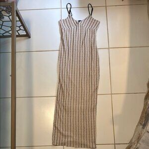 Rosie Harlow Maxi Dress Spaghetti Straps Tan Black Ribbed Sleeveless Beachy Boho